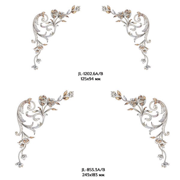 Сочетание переводной декоративной наклейки для мебели JL 853.3A с аналогичными наклейками других размеров.