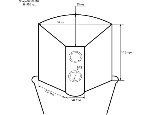 Мебельная опора SY 8808 схематичное изображение с указанием размеров.