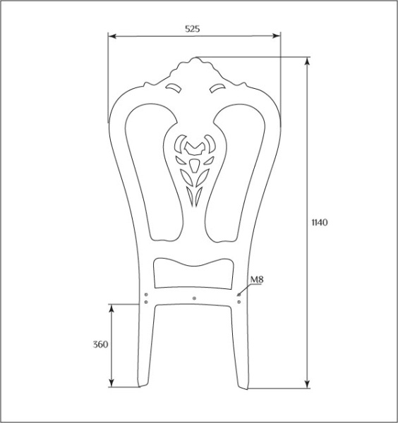 Декоративная спинка стула SY 17031 схематичное изображение с указанием размеров.