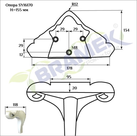 Мебельная опора SY 16170 схематичное изображение с указанием размеров.