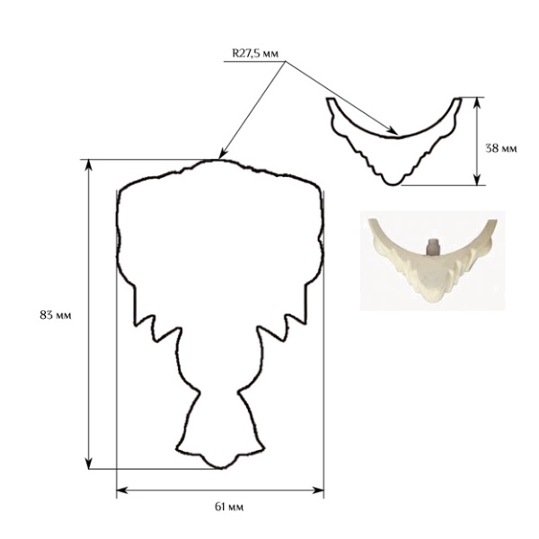 Мебельный декор с внутренним радиусом SY 11143 схематичное изображение с указанием размеров.
