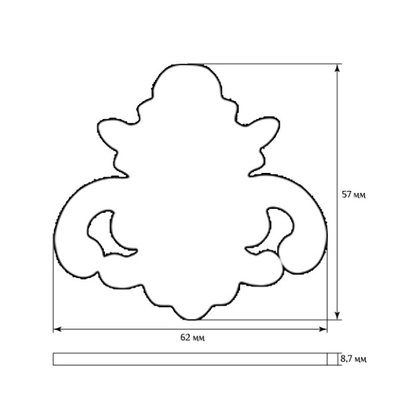 Декоративный элемент для мебели SY 11166 схематичное изображение с указанием размеров. Декоративный элемент для мебели SY 11166 схематичное изображение с указанием размеров.